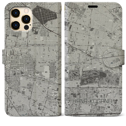 【花小金井（東京都）】地図柄iPhoneケース（手帳タイプ）モノトーン・iPhone 12 Pro Max 用