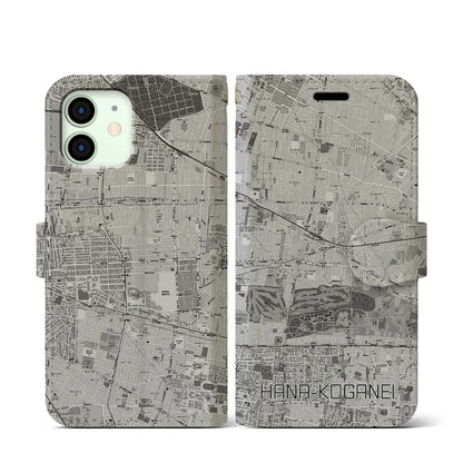 【花小金井（東京都）】地図柄iPhoneケース（手帳タイプ）モノトーン・iPhone 12 mini 用