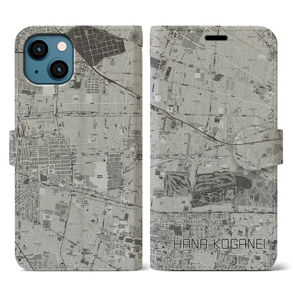 【花小金井（東京都）】地図柄iPhoneケース（手帳タイプ）モノトーン・iPhone 13 用