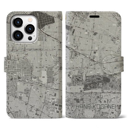 【花小金井（東京都）】地図柄iPhoneケース（手帳タイプ）モノトーン・iPhone 13 Pro 用