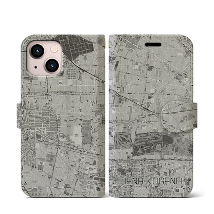 【花小金井（東京都）】地図柄iPhoneケース（手帳タイプ）モノトーン・iPhone 13 mini 用