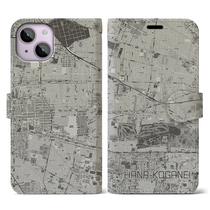 【花小金井（東京都）】地図柄iPhoneケース（手帳タイプ）モノトーン・iPhone 14 用