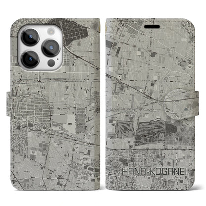 【花小金井（東京都）】地図柄iPhoneケース（手帳タイプ）モノトーン・iPhone 14 Pro 用