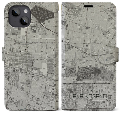 【花小金井（東京都）】地図柄iPhoneケース（手帳タイプ）モノトーン・iPhone 14 Plus 用