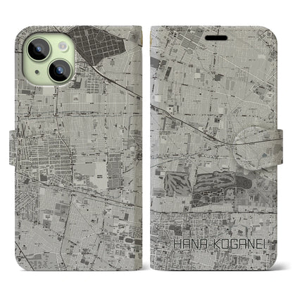 【花小金井（東京都）】地図柄iPhoneケース（手帳タイプ）モノトーン・iPhone 15 用