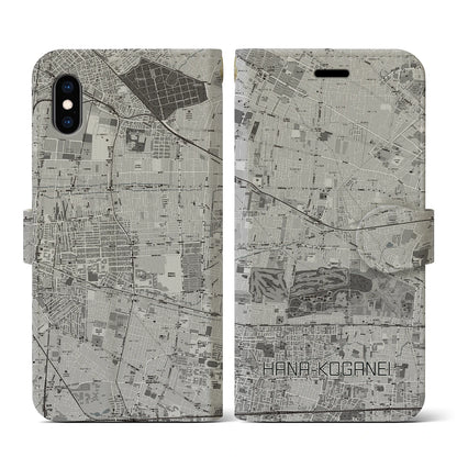 【花小金井（東京都）】地図柄iPhoneケース（手帳タイプ）モノトーン・iPhone XS / X 用