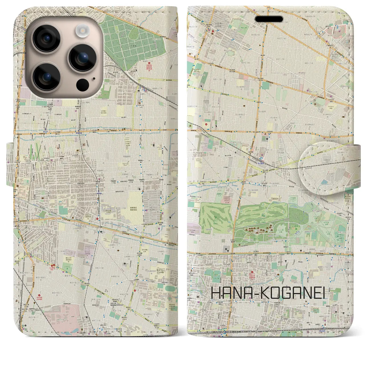 【花小金井（東京都）】地図柄iPhoneケース（手帳タイプ）ナチュラル・iPhone 16 Plus 用