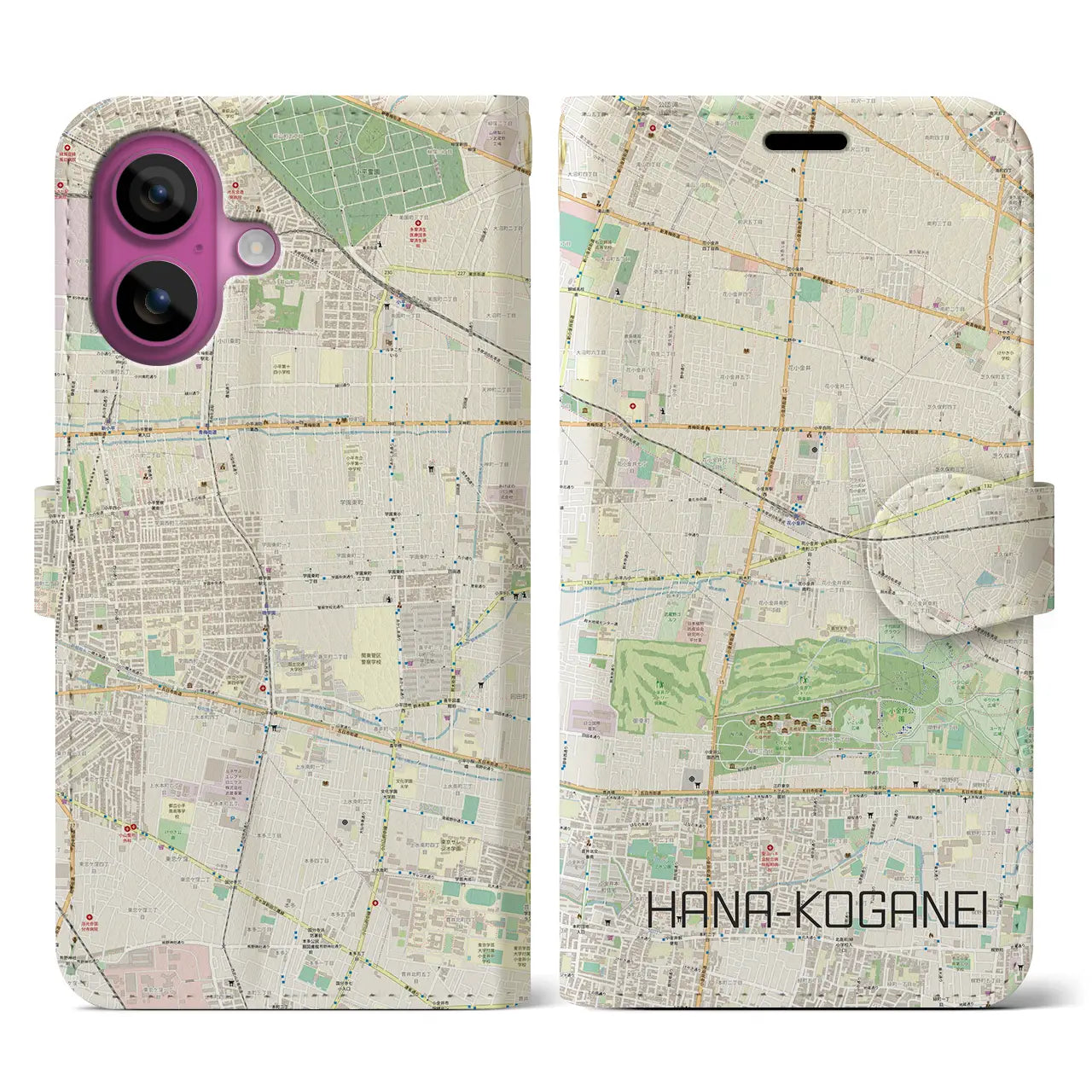 【花小金井（東京都）】地図柄iPhoneケース（手帳タイプ）ナチュラル・iPhone 16 Pro 用