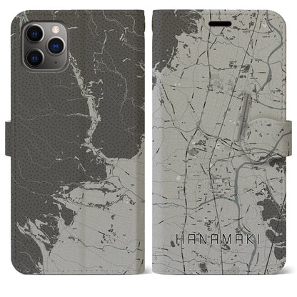 【花巻（岩手県）】地図柄iPhoneケース（手帳タイプ）モノトーン・iPhone 11 Pro Max 用