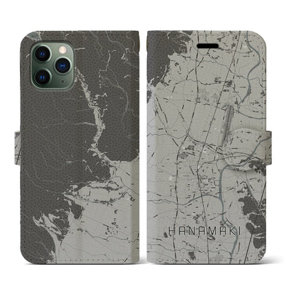 【花巻（岩手県）】地図柄iPhoneケース（手帳タイプ）モノトーン・iPhone 11 Pro 用