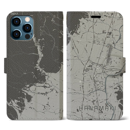 【花巻（岩手県）】地図柄iPhoneケース（手帳タイプ）モノトーン・iPhone 12 / 12 Pro 用