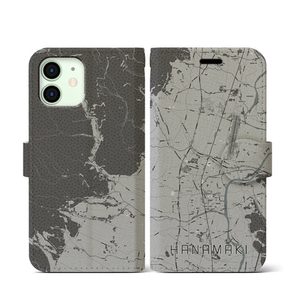 【花巻（岩手県）】地図柄iPhoneケース（手帳タイプ）モノトーン・iPhone 12 mini 用