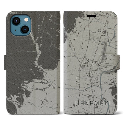 【花巻（岩手県）】地図柄iPhoneケース（手帳タイプ）モノトーン・iPhone 13 用