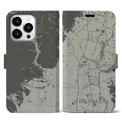 【花巻（岩手県）】地図柄iPhoneケース（手帳タイプ）モノトーン・iPhone 13 Pro 用