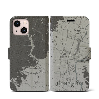 【花巻（岩手県）】地図柄iPhoneケース（手帳タイプ）モノトーン・iPhone 13 mini 用