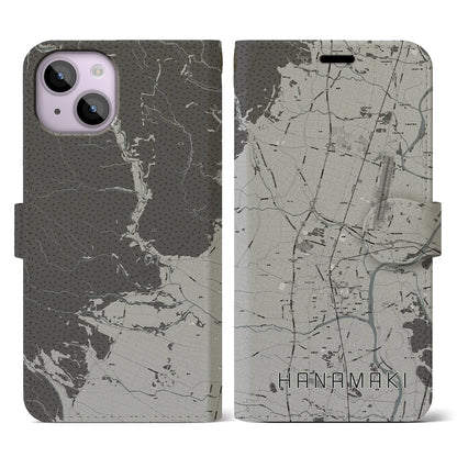 【花巻（岩手県）】地図柄iPhoneケース（手帳タイプ）モノトーン・iPhone 14 用