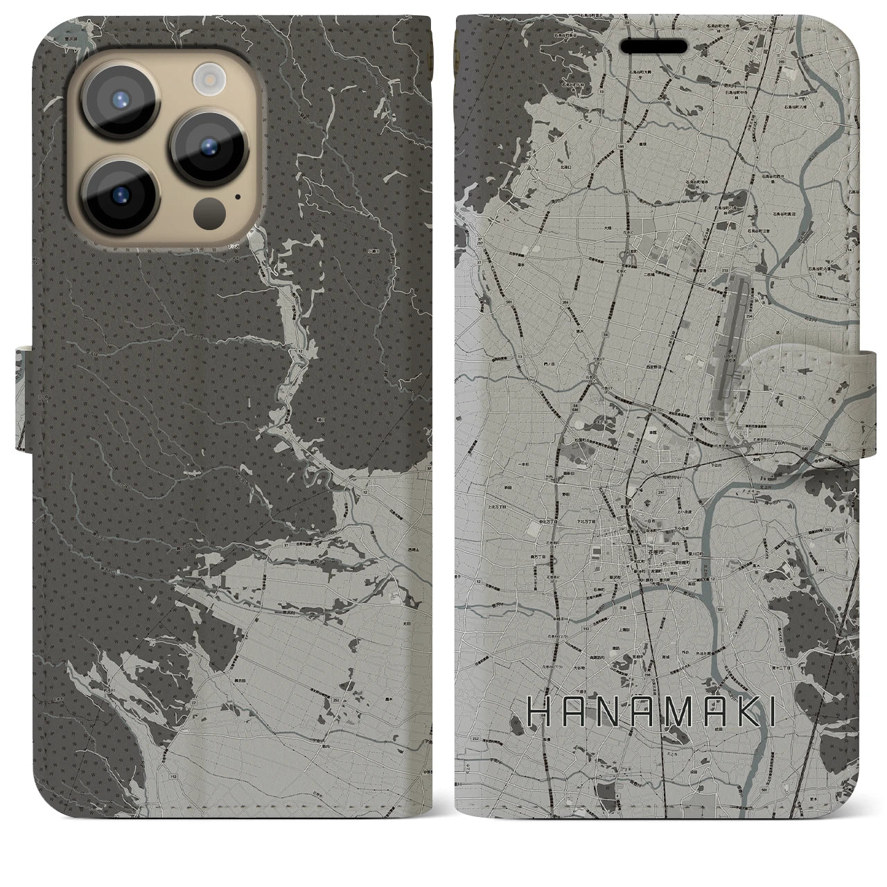 【花巻】地図柄iPhoneケース（手帳両面タイプ・モノトーン）iPhone 14 Pro Max 用
