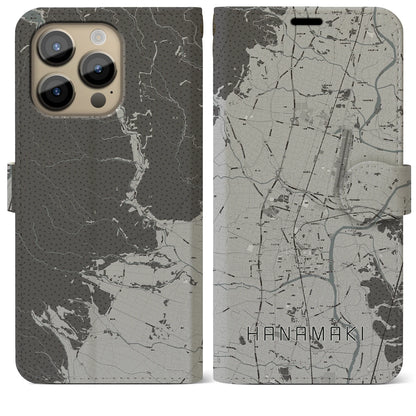 【花巻（岩手県）】地図柄iPhoneケース（手帳タイプ）モノトーン・iPhone 14 Pro Max 用