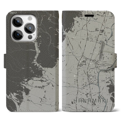 【花巻（岩手県）】地図柄iPhoneケース（手帳タイプ）モノトーン・iPhone 14 Pro 用