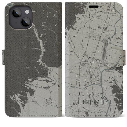 【花巻（岩手県）】地図柄iPhoneケース（手帳タイプ）モノトーン・iPhone 14 Plus 用