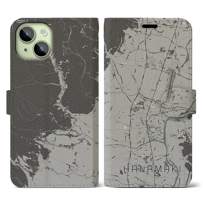 【花巻（岩手県）】地図柄iPhoneケース（手帳タイプ）モノトーン・iPhone 15 用