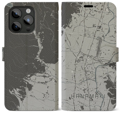 【花巻（岩手県）】地図柄iPhoneケース（手帳タイプ）モノトーン・iPhone 15 Pro Max 用