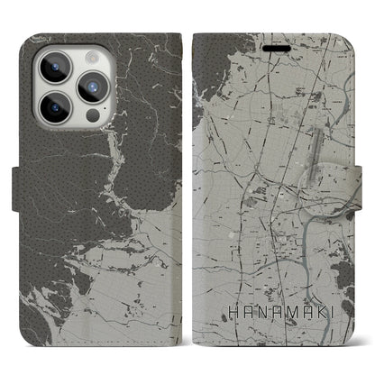 【花巻（岩手県）】地図柄iPhoneケース（手帳タイプ）モノトーン・iPhone 15 Pro 用