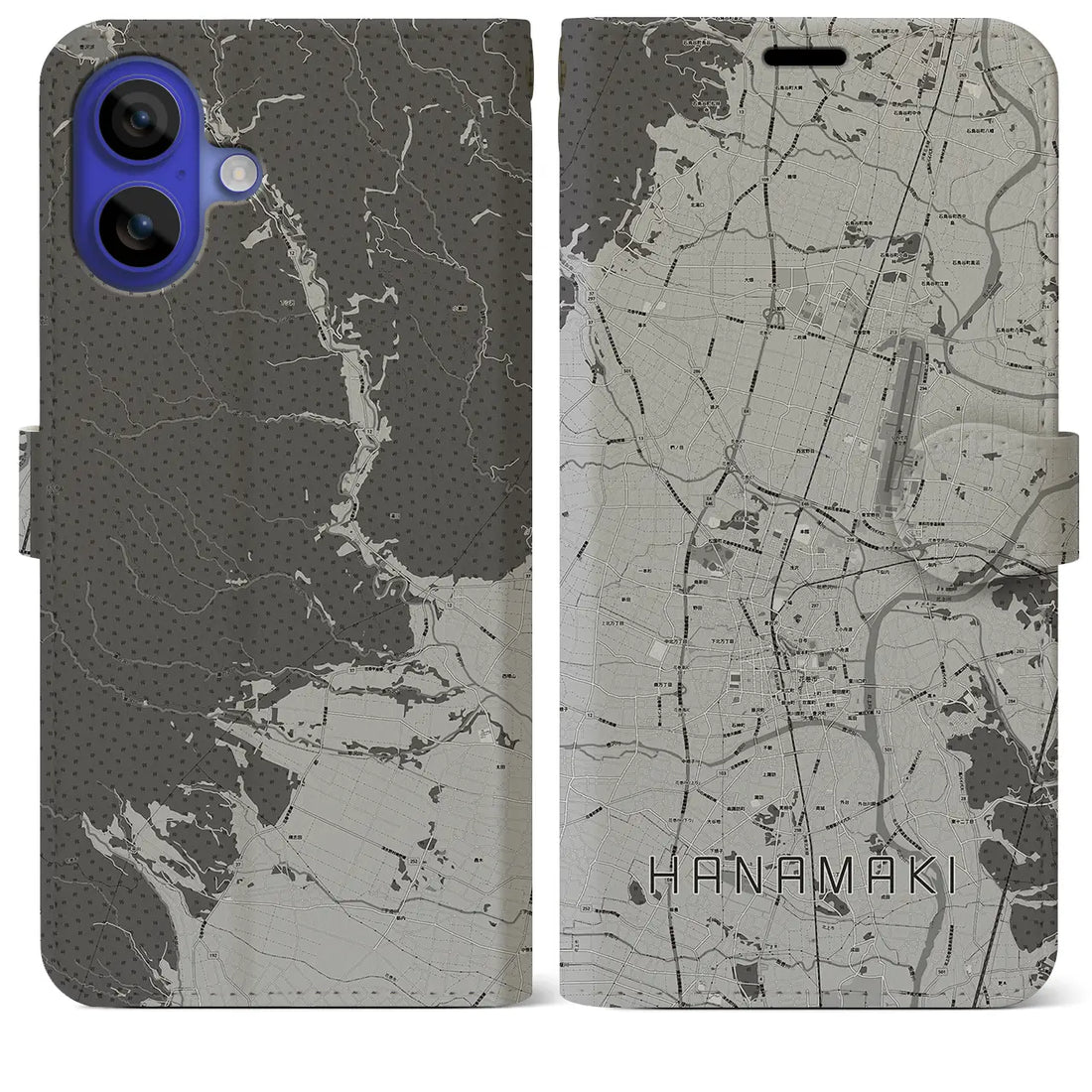 【花巻(岩手県)】地図柄iPhoneケース(手帳タイプ)モノトーン・iPhone 16 Pro Max 用