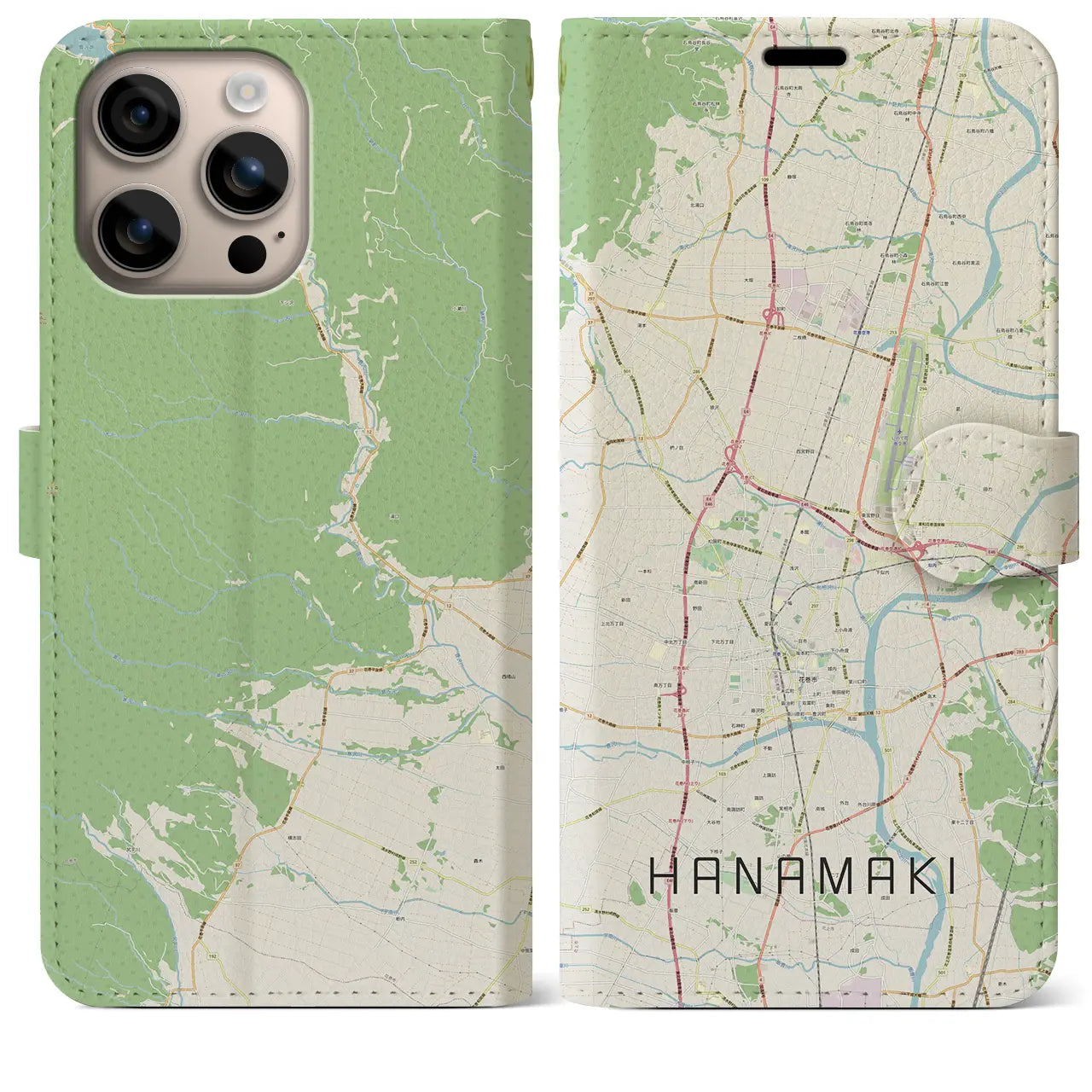 【花巻（岩手県）】地図柄iPhoneケース（手帳タイプ）ナチュラル・iPhone 16 Plus 用