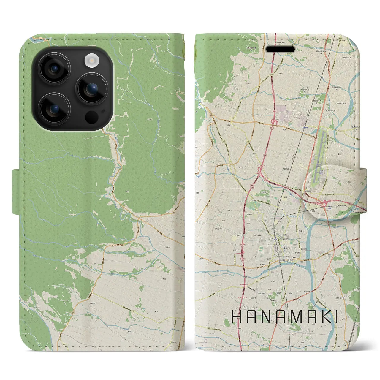 【花巻（岩手県）】地図柄iPhoneケース（手帳タイプ）ナチュラル・iPhone 16 用