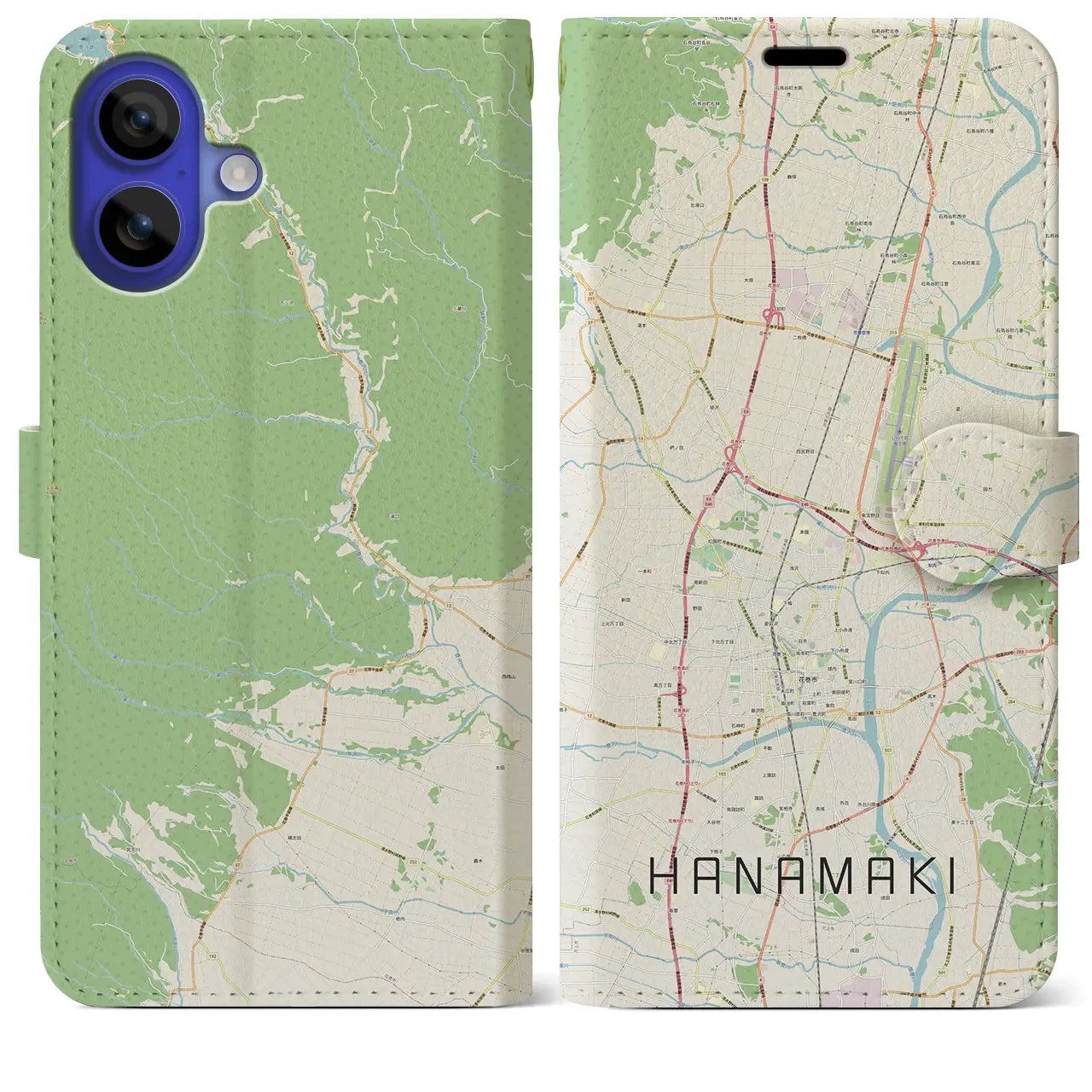 【花巻（岩手県）】地図柄iPhoneケース（手帳タイプ）ナチュラル・iPhone 16 Pro Max 用