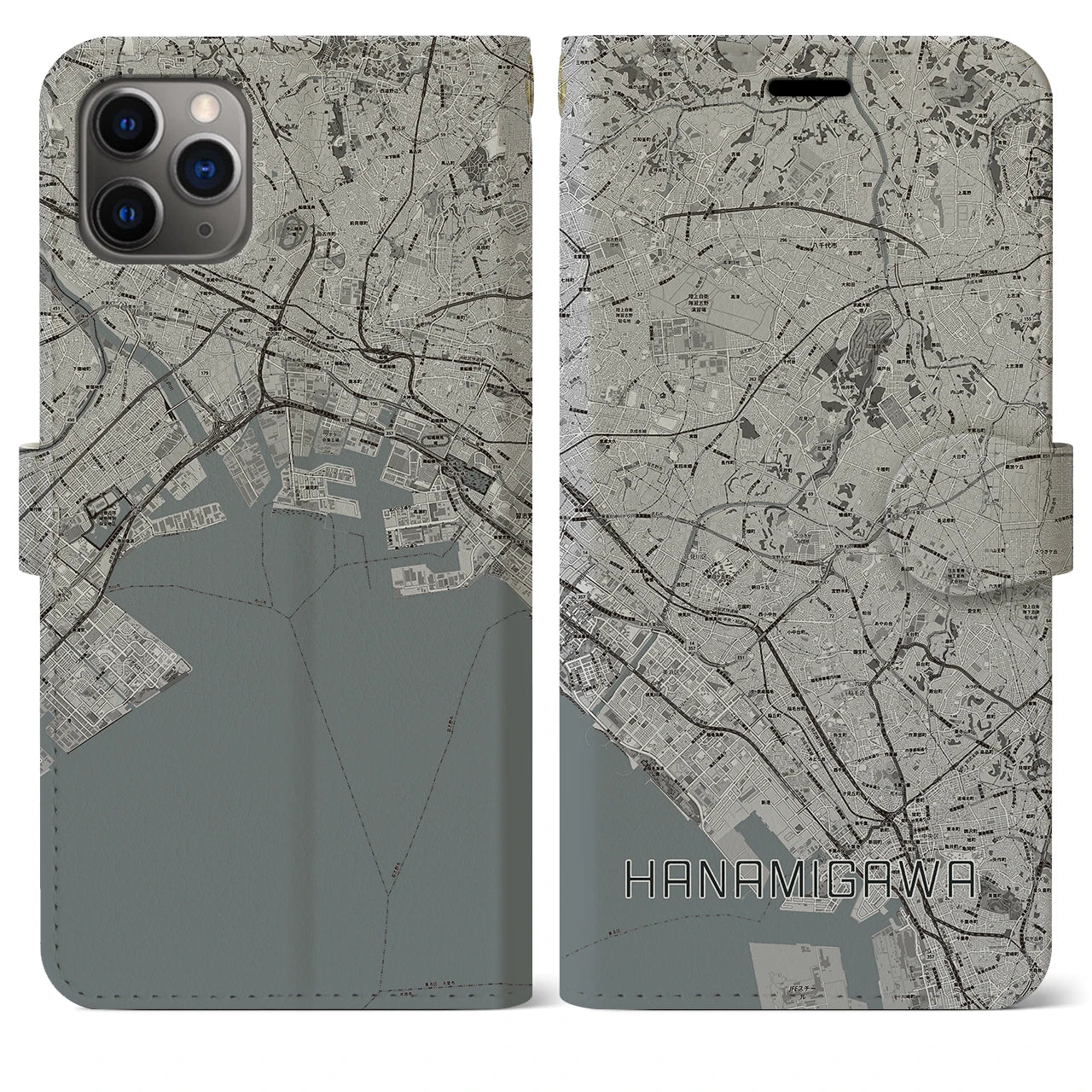 【花見川】地図柄iPhoneケース（手帳両面タイプ・モノトーン）iPhone 11 Pro Max 用