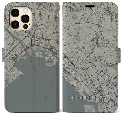 【花見川（千葉県）】地図柄iPhoneケース（手帳タイプ）モノトーン・iPhone 12 Pro Max 用