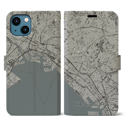 【花見川（千葉県）】地図柄iPhoneケース（手帳タイプ）モノトーン・iPhone 13 用