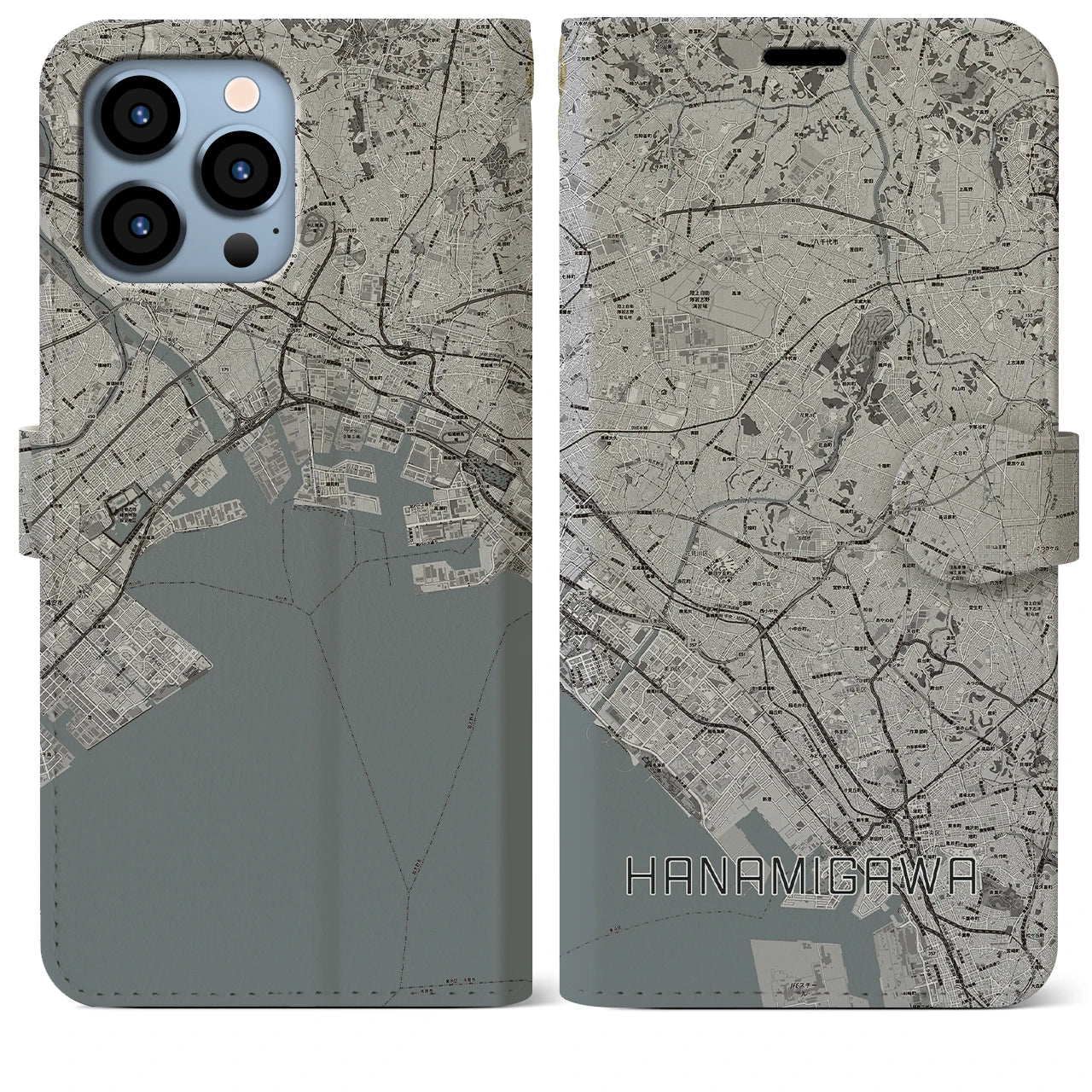 【花見川】地図柄iPhoneケース（手帳両面タイプ・モノトーン）iPhone 13 Pro Max 用