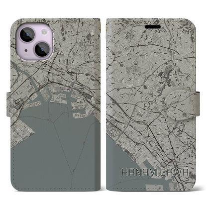 【花見川（千葉県）】地図柄iPhoneケース（手帳タイプ）モノトーン・iPhone 14 用