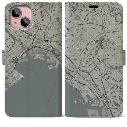 【花見川（千葉県）】地図柄iPhoneケース（手帳タイプ）モノトーン・iPhone 15 Plus 用