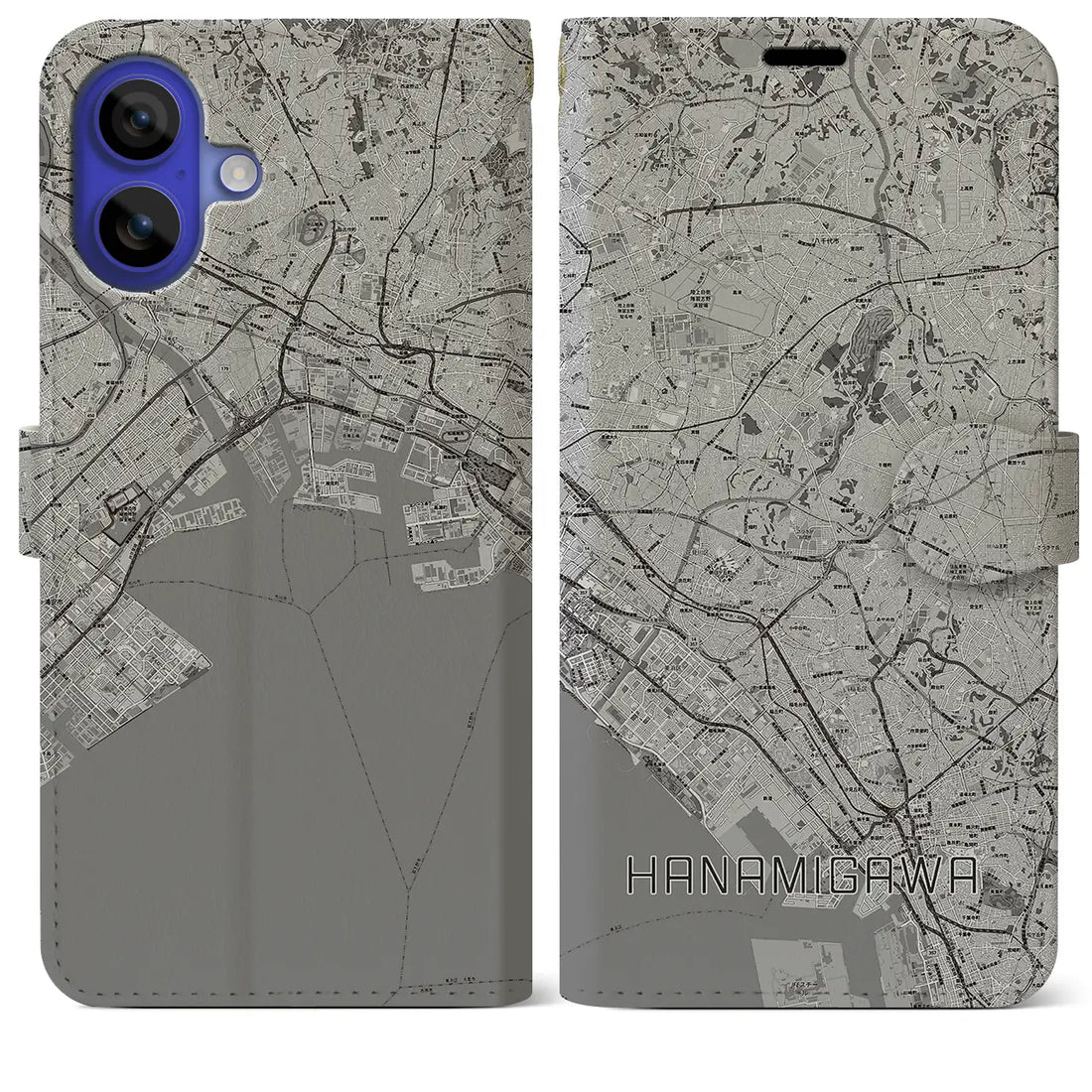 【花見川(千葉県)】地図柄iPhoneケース(手帳タイプ)モノトーン・iPhone 16 Pro Max 用