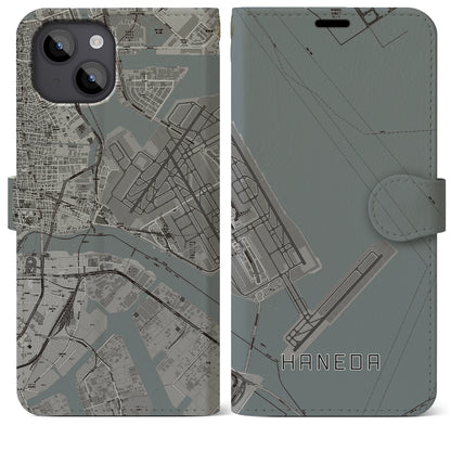 【羽田（東京都）】地図柄iPhoneケース（手帳タイプ）モノトーン・iPhone 14 Plus 用