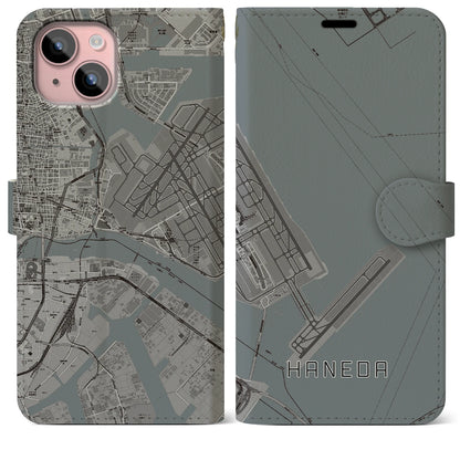 【羽田（東京都）】地図柄iPhoneケース（手帳タイプ）モノトーン・iPhone 15 Plus 用