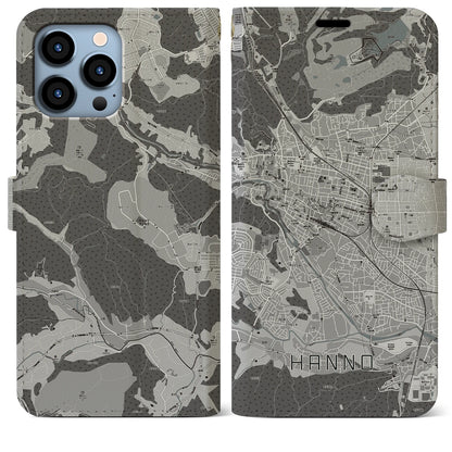 【飯能（埼玉県）】地図柄iPhoneケース（手帳タイプ）モノトーン・iPhone 13 Pro Max 用