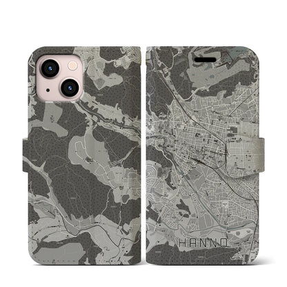 【飯能（埼玉県）】地図柄iPhoneケース（手帳タイプ）モノトーン・iPhone 13 mini 用