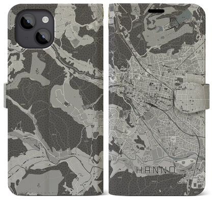 【飯能（埼玉県）】地図柄iPhoneケース（手帳タイプ）モノトーン・iPhone 14 Plus 用