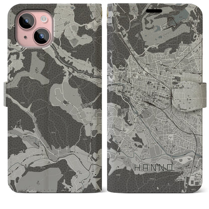 【飯能（埼玉県）】地図柄iPhoneケース（手帳タイプ）モノトーン・iPhone 15 Plus 用