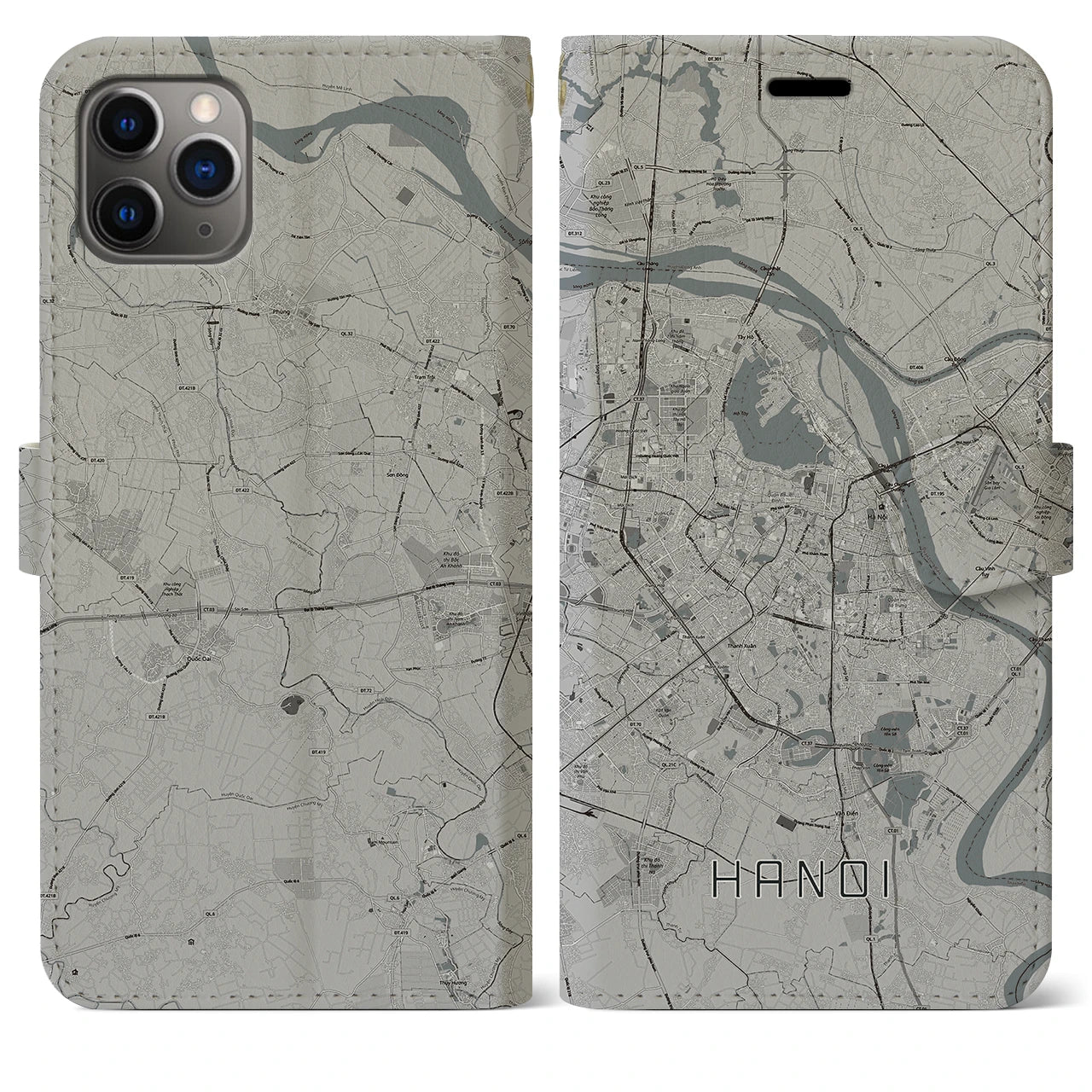 【ハノイ】地図柄iPhoneケース（手帳両面タイプ・モノトーン）iPhone 11 Pro Max 用