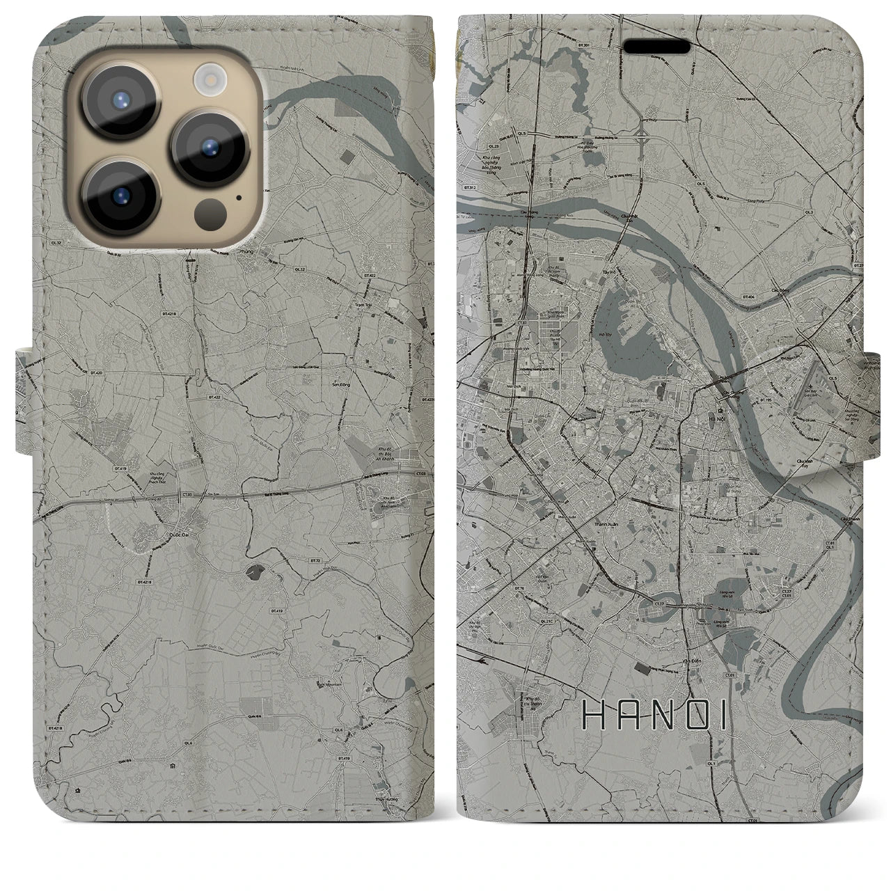 【ハノイ】地図柄iPhoneケース（手帳両面タイプ・モノトーン）iPhone 14 Pro Max 用