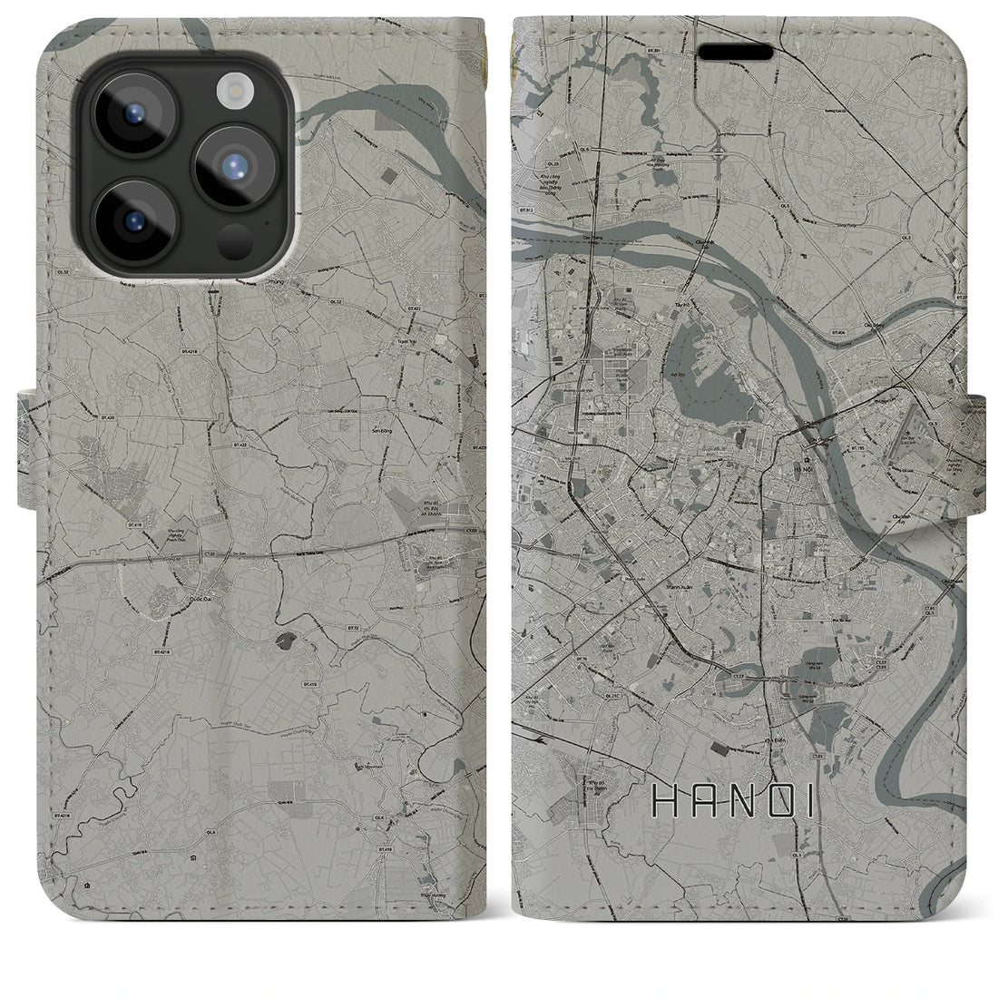 【ハノイ】地図柄iPhoneケース（手帳両面タイプ・モノトーン）iPhone 15 Pro Max 用