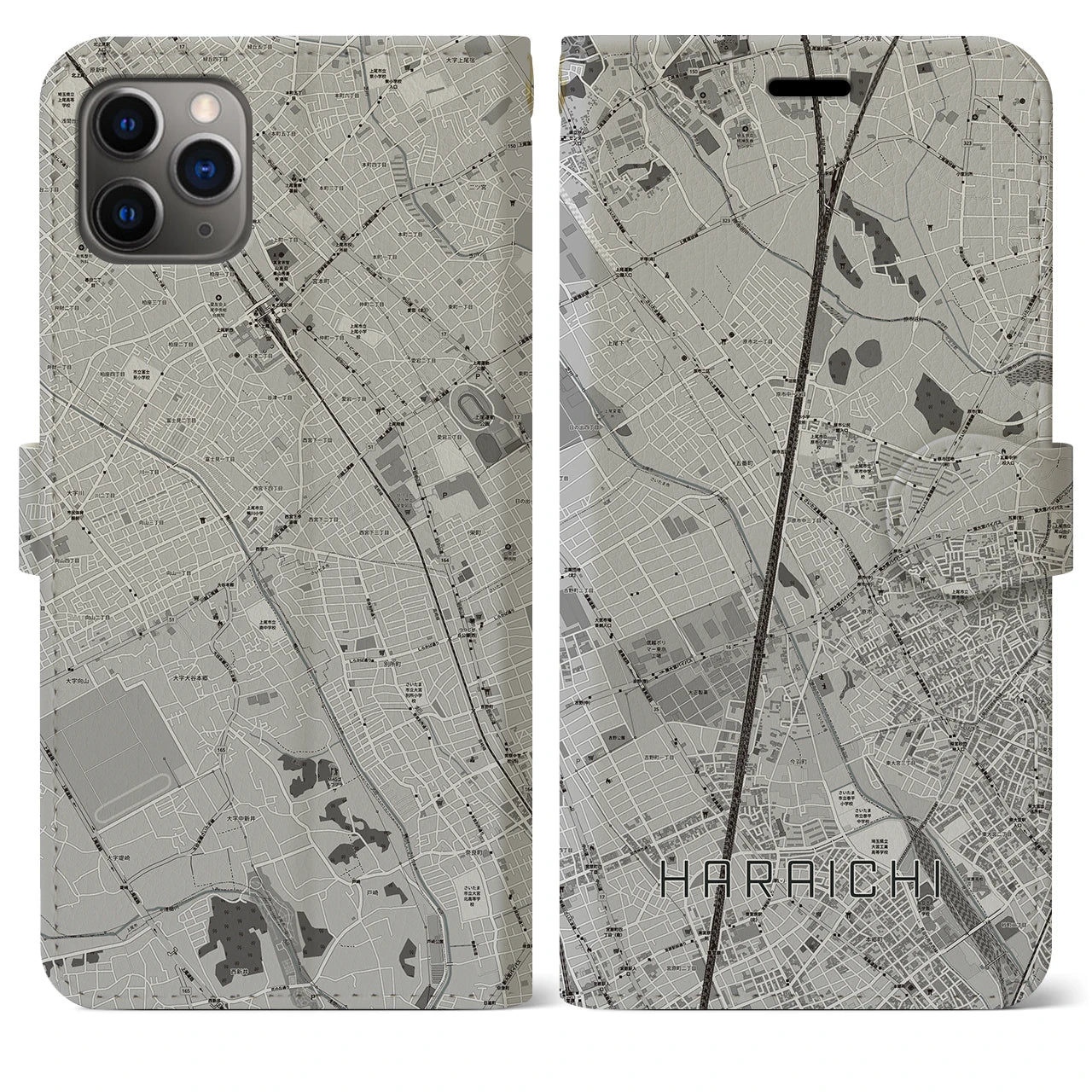【原市】地図柄iPhoneケース（手帳両面タイプ・モノトーン）iPhone 11 Pro Max 用