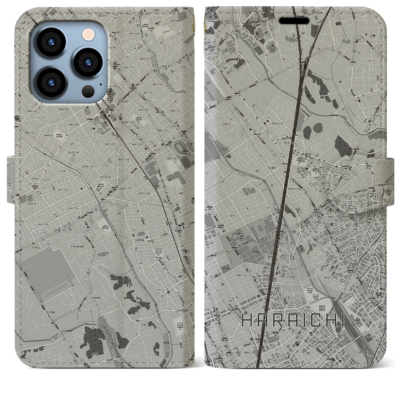 【原市】地図柄iPhoneケース（手帳両面タイプ・モノトーン）iPhone 13 Pro Max 用