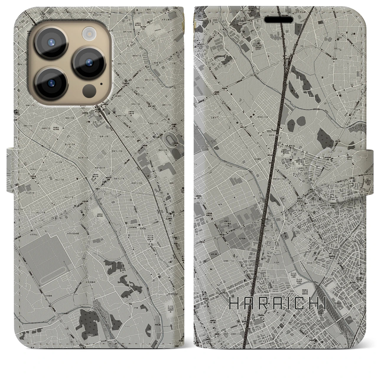 【原市】地図柄iPhoneケース（手帳両面タイプ・モノトーン）iPhone 14 Pro Max 用
